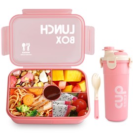 2 Pack Set - Leakproof Large Bento Box（34oz）and Water Bottle（28oz）for Adults/Kids, Bento Lunch Boxes with 5 Compartments and Utensils, BPA-Free, Microwave/Dishwasher Safe Lunch Containers