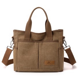 MAYMOONER Canvas Top Handle Bag Multi Pockets Canvas Tote Bag with Zipper Adjustable Strap Casual Canvas Crossbody Bag for Women Ladies(Coffee)