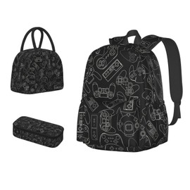 Oplp Black and White Video Game Controller Background Large Capacity Backpack Lunch Bag Pencil Case Combination 3 Piece Set