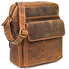 ALMADIH Leather Shoulder Bag Men's Perfect for Tablet iPads 12.9 Inch – DON Brown – Compact Genuine Leather Case for Work and Everyday Use Messenger Shoulder Bag Small Men's Bag, Don Bv