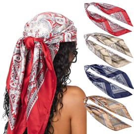 DRESHOW 90 x 90 cm Large Square Scarves for Women, Pack of 4, Silk Headscarf, Bandanas, Hair Scarf, Hair Accessories, Set of 4 71-02