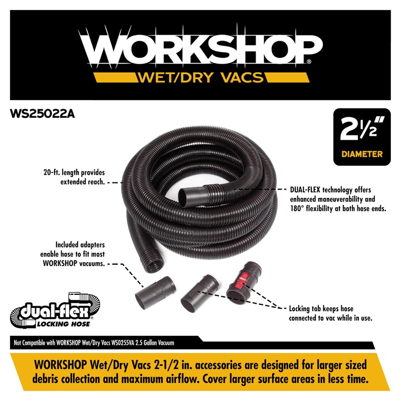 WORKSHOP Wet/Dry Vacs Shop Vacuum Accessories WS25022A Extra Long Hose
