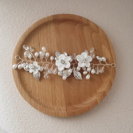 Bufenia Silver Flower Wedding Crystal Hair Vine Leaves Wedding Hair Accessories Pearl Hair Band for Bride and Bridesmaid