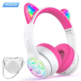 IFECCO  Kids Headphones Cartoon Face Wireless Childrens Headset LED Indicator Cat Ear Fun Design Colorful Choicescolor: Pink White, model number: S28