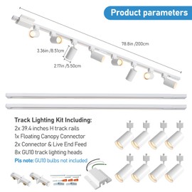 Hiiglxii 8-Light LED Track Lighting Kit with 6.6FT H Track Lighting Rails & Floating Canopy Connector, GU10 Track Light Kit, Modern Kitchen Track Lighting Fixtures Ceiling Spot Light, White (No Bulbs)
