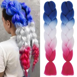 Colored Jumbo Braiding Hair Extension for Women 24" Synthetic High Temperature Ombre Jumbo Braiding Hair Pre stretched Fiber Hair Twist Crochet Braids (Blue White Red)