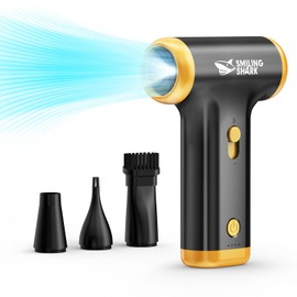 Smiling Shark Compressed Air Duster, JF-01 Brushless Motor Stepless Speed 130000RPM 5Kpa Rechargeable Cordless Electric Air Blower with LED Light for PC Cleaning/Keyboard/Car/Camping, (Black)