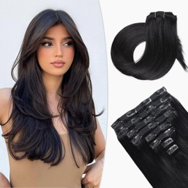 VKHAIR Clip in Hair Extensions Real Human Hair 22 inch, 8Pcs/120g Human Hair Clip in Extensions, Seamless Clip in Hair Extensions Human Hair #1 Jet Black, 22 Inch