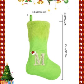 Christmas Stocking, Xmas Knitwear Stockings Grinch Green Stocking with Letter Green Hair Xmas Sock for Kids Goodie Bags Xmas Decor Stockings for Christmas Tree Holiday Party Décor Y4LMW (M)