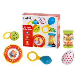 Halilit My First Baby Band Gift Set. Musical Instrument for Babies includes Egg Shaker, Cage Bell, Baby Maraca, Tube Shaker and Fun Rattle. 6 Months +