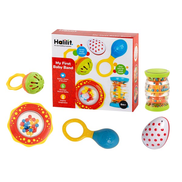 Halilit My First Baby Band Gift Set. Musical Instrument for Babies includes Egg Shaker, Cage Bell, Baby Maraca, Tube Shaker and Fun Rattle. 6 Months +
