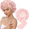 Adjustable Double Layer Satin Sleeping Cap with Ribbon Bow for Women Available/Red Bean Pink + Light Pink 4ea