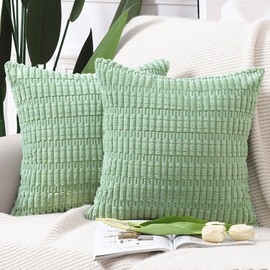 Madizz Pack of 2 Boho Striped Corduroy Throw Pillow Covers 24x24 inch, 60x60 cm, Green Soft Decorative Cushion Cover for Sofa Bedroom Pillow Shell