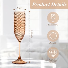 12 Pack Plastic Champagne Flutes Rose gold Goblet Champagne Glasses Unbreakable Wedding Toasting Glasses Diamond Wine Glasses Crystal Wine Cups Clear Drinking Glasses 5.5 OZ for Bridal Shower
