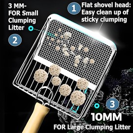 TAIHE Cat Litter Scoop, Cat Litter Tray Scoop with Wooden Handle, Metal Cat Litter Scoop for Cat Litter Tray, Hole Spacing 3 mm/10 mm, Length 28 cm