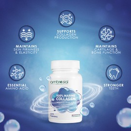 Ambrosial 100% Marine Collagen with Hyaluronic Acid, Vitamin C & Biotin – High Strength Type 1 Marine Collagen – Made in UK – Non-GMO, Gluten Free – 120 Tablets