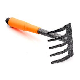 Finder Garden Hand Rake, Steel Garden Cultivator Tools Portable Black and Orange Small Rake with Anti-Rust Comfortable Handle and 5 Tines, Mini Flower Rake 290mm for Planting