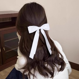 White Long Tail Hair Bows Big Silky Tassel Ribbon Bow Hair Clip Barrettes for Women (White, One size)