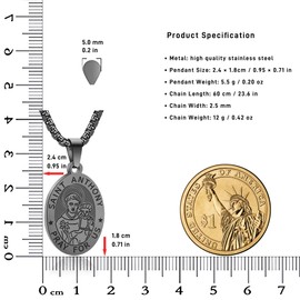 Yaumatea St. Anthony of Padua Necklace, Patron Saint of Lost Things, Protection Medal, Catholic Gift, Stainless Steel 24" Chain (Black)
