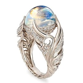 925 Sterling Silver Vintage Ladies Elegant Natural Angel Wings Moonstone Ring 18K Gold Proposal Gift Cocktail Party Ring Bridal Wedding Size 6-10 652 (10)