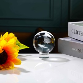 2.36in. Crstal Ball Engraved Butterfly and Flower Figurines Collectibale Paperweight with Stand, Glass 6cm Butterfly Sphere Ornament Gifts for Women Men Friend Mun