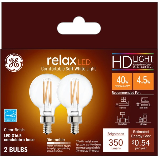 GE Lighting Relax LED Globe Light Bulbs, 4.5 Watts (40 Watts Equivalent), Soft White HD Light, Clear Finish, Candelabra Base, Dimmable (2 Pack)