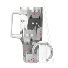 PTONUIC Cat Pattern 40 oz Tumbler with Handle and Straw Lid | Insulated Cup Reusable Stainless Steel Water Bottle Travel Mug Cupholder Friendly | Gifts for Women Men Him Her