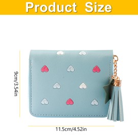 Lotsdonxia PU Tassel Zipper Wallet – Waterproof Lightweight Small Purse Cute Embroidered Heart Short Wallet for Women, Teens & Girls (Blue)