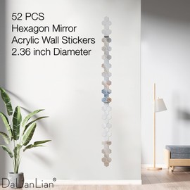 DaLianLian 52 PCS Hexagon Mirror Stickers for Walls Decor Acrylic Wall Stickers DIY Aesthetic Decals Self-Adhesive Mirror Tiles Home Living Room Bedroom Background Art Decoration (Silver, 2.36 Inch)