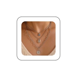 Andelaisi Boho Layered Shell Disc Choker Necklace Vintage Cowrie Shell Pendant Necklace Silver Hammered Coin Necklace Paperclip Chain Necklace Multilayered Seashell Conch Necklace Jewelry for Women