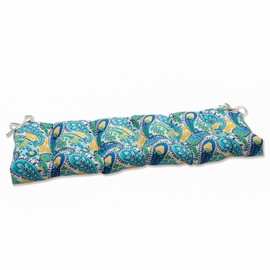 Pillow Perfect Paisley Indoor/Outdoor Sofa Setee Bench Swing Cushion with Ties, Tufted, Weather, and Fade Resistant, 18" x 60", Blue/Green Amalia,