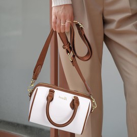 INICAT Barrel Bag for Women Top Handle Satchel Shoulder Boston Bags Crossbody Purse Handbag with Detachable Long Strap(Brown White)