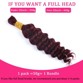 Human Braiding Hair for Boho Braids Burgundy Deep Wave Bulk Human Hair for Braiding 14 Inch 1 Bundle 50G #99J Wet and Wavy Curly Human Hair Red Braiding Hair Extensions No Weft Bundles for Braiding