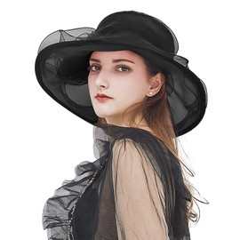 OhMill Ladies Sun Hat Wide Brim Retro Travel Hat with Flower Decoration Size 60cm, black