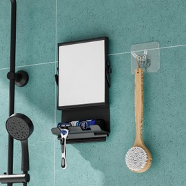 APLOP Fogless Mirror for Shower with Dual-Sided 1X/3X Magnification, Fogless Shower Mirror with Small Squeegee and Adhesive Hook, Rust-Proof and Black