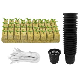 76Pcs Rockwool Grow Cubes Set for Hydroponics - 36Ps Stonewool Starter Plugs and 20 Ps Slotted Mesh Net Pot Cups with 20Ps Self Watering Cotton Wick Cord for Seedlings, Cloning, Soilless Cultivation