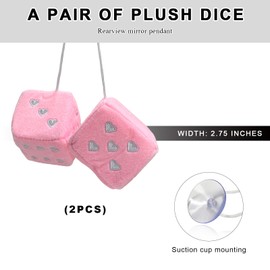 NYTKL Pair Fuzzy Plush Dice for Car Mirror, 3" Retro Square Rearview Mirror Ornament with Heart Shape Pattern, Vintage Hanging Dice Soft Couple Pendant Interior Decor for Women (Pink)