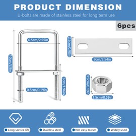 6 Set Square U Bolt, Stainless Steel U Bolts, M8 U Bolts 2 Inch Wide with Nut, Plate, Washer for Ski Boat, Automobiles Trailer, Trailer and Sailboat (M8*50 * 100)