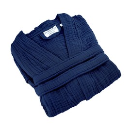 FOR SUSTAINABLE LIFE Muslin Unisex Bathrobe,Turkish 100%Cotton ,Soft, Absorbent, Natural Garment Wash (Navy Blue, Small / Medium)