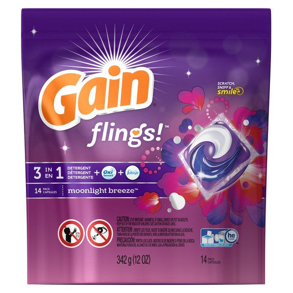 Gain Flings Moonlight Breeze Detergente para colada, 14 unidades