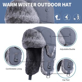 Kurhatic Winter Trapper Hat, Warm 100% Rabbit Fur Aviator Hat, Russian Trooper Hunting Ski Hat with Ear Flaps for Men & Women M Charcoal Grey