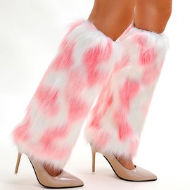 delaodola Faux Fur Leg Warmers Warm Winter Furry Long Boot Covers Party Costume for Women (White Pink)