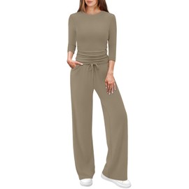 WIHOLL Lounge Sets for Women 2 Piece Vacation Travel Airport Outfits 2025 Summer Beach Clothes Dressy Casual Comfy Matching Sets Women Clothing Fall Athleisure Sweatsuits Loungewear Light Coffee L