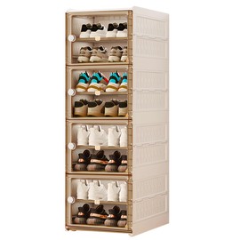 8-Tier Foldable Shoe Rack Heavy Duty - Extra Thick Stackable Shoe Storage Cabinet with Magnetic Clear Doors, Sturdy Plastic Shoe Organizer for Closet Entryway, Holds 16 Pairs (Easy Assembly)
