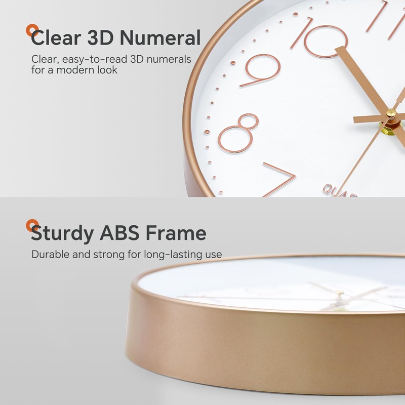 VIKMARI Rose Gold & White Silent Wall Clock Decorative for