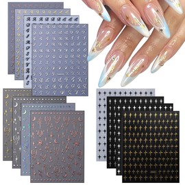 12 Sheets Star Nail Art Stickers 3D Self Adhesive Star Moon Letter Nail Decals Black White Silver Gold Nail Stickers for Nails Designs Cute Nail Supplies for Women Nail Art Accessrioes