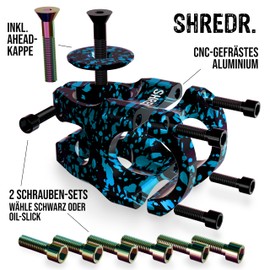 Shredr. - Attacco manubrio Edge Control MTB 31,8 mm | 0 gradi | 35 mm – Attacco manubrio corto per mountain bike moderne | 9 colori | con cappuccio Ahead dello stesso colore | Special Edition (azzurro