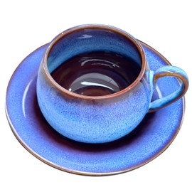 Plaxico&Bertunga Coffee Cups Ceramic Vintage Porcelain Tea Cups And Saucers Unique Cappuccino Espresso Cup Barista Art Latte Cup Blue Glaze