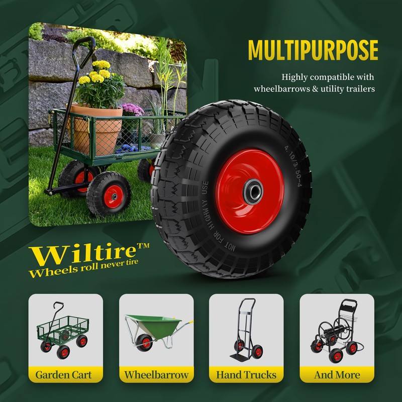 Wiltire (2 Pack) 4.10/3.50-4 Flat Free Tire and Wheel 10-Inch
