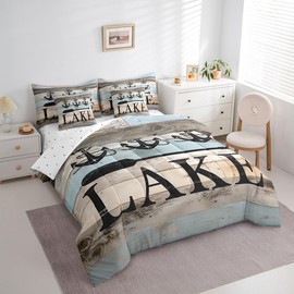 Erosebridal Lake Themed Bed in A Bag Twin,Lake House Comforter Set Camper Gift,Nautical Anchor Bedding Sets,Farmhouse Wooden Panel Paddle Quilt with Flat Fitted Sheet,Pillow Covers Bedroom Decor